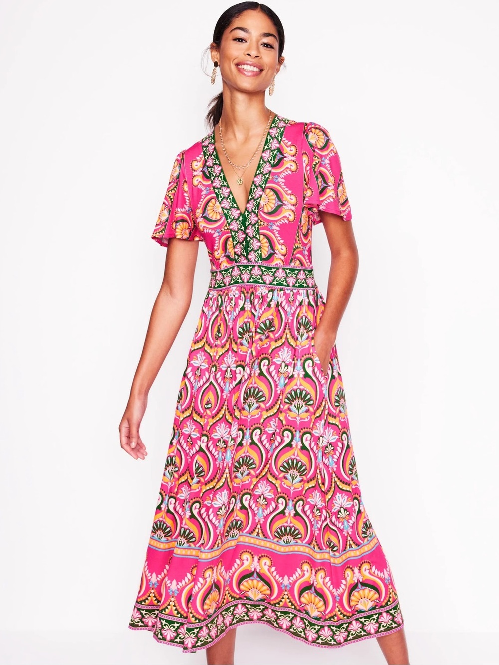 Boden Ellie Flutter Maxi Tea Dress pink peony Floral Womens size 6